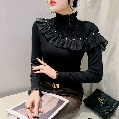 2023秋冬黑色针织衫长袖木耳边烫钻毛衣气质减龄修身套头打底衫潮商品大图