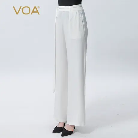 VOA真丝重磅40姆米白色自然腰绑带纽扣宽松柔顺桑蚕丝阔腿长裤商品大图