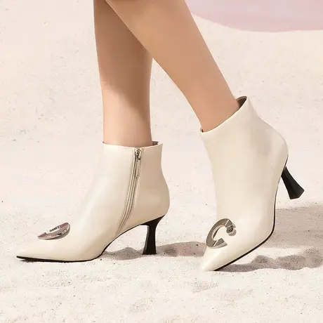 千百度冬羊皮英伦尖头时装靴时尚细跟甜美百搭女短靴高跟靴气质商品大图