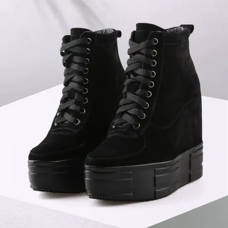 秋冬季新款内增高女鞋12厘米坡跟真皮休闲单鞋高帮运动鞋厚底短靴商品大图