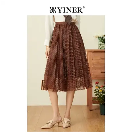 YINER音儿女装春季时尚镂空大网眼层叠网纱半身裙图片