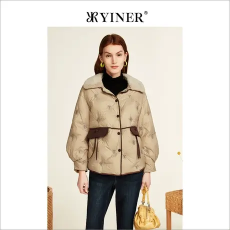 YINER音儿专选女装冬季时尚短款灯笼袖保暖水貂毛翻领羽绒服商品大图