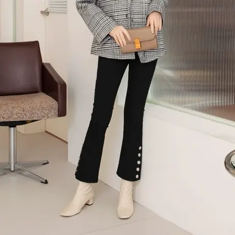 桔熊秋冬季复古长裤子女磨毛弹力温暖裤脚排扣微喇叭裤大码BA6039图片