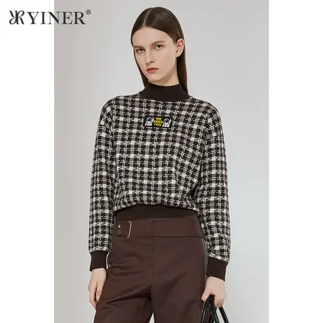 YINER音儿女装冬季新款艺术格纹羊毛针织衫商品大图