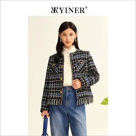 【小香风】YINER音儿女装2022秋季法式粗花呢流苏短外套商品大图