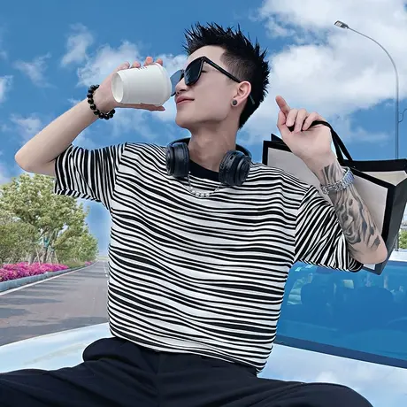 夏季t恤男士短袖条纹半袖时尚休闲潮流个性学生原宿百搭ins体恤商品大图