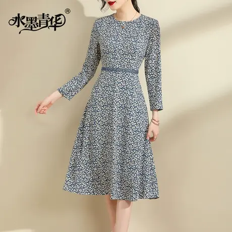 【1件7.9折】轻奢时尚连衣裙女中长款新款秋季收腰弹力绒印花裙商品大图