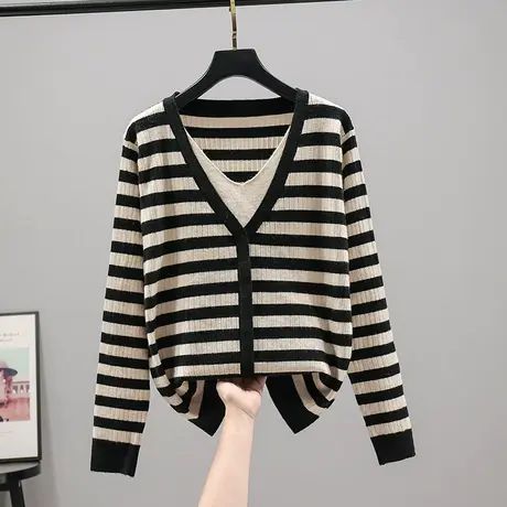 2023春秋新款韩版宽松V领条纹套头长袖针织衫毛衣上衣打底衫内搭商品大图