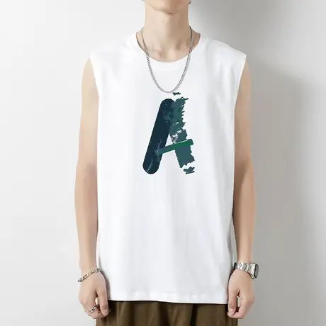 男士背心纯棉白色无袖t恤潮牌夏季跨栏篮球运动坎肩宽肩健身汗衫商品大图