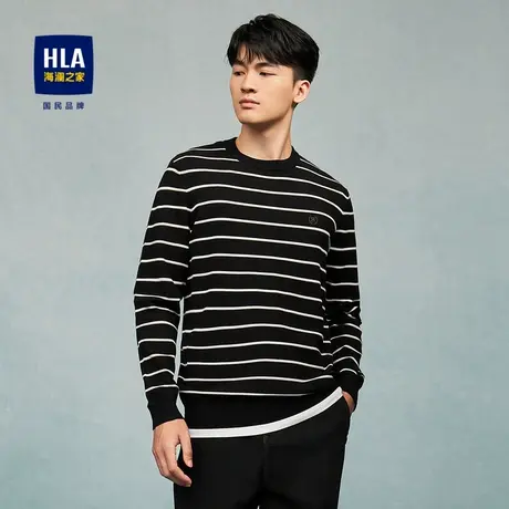 HLA/海澜之家撞色条纹针织衫23秋季图案刺绣圆领水洗保暖毛衣男图片