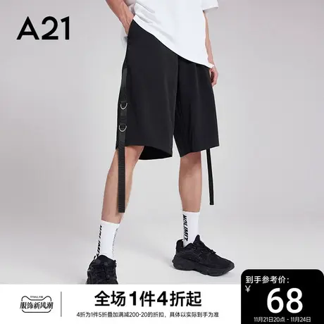 A21男装宽松中腰休闲裤短2023秋季新款裤子潮牌黑色中裤男士短裤商品大图