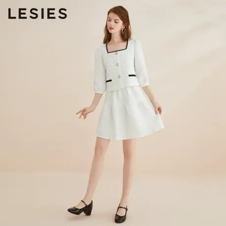 LESIES蓝色倾情春秋新款方领提花七分袖短上衣气质名媛蓬蓬裙图片