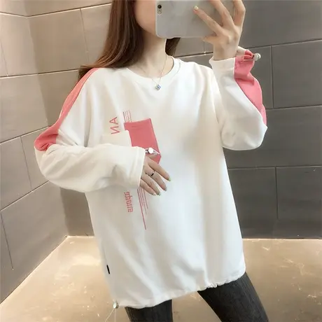 2023秋季新款撞色中长款卫衣女圆领宽松韩版慵懒风减龄印花外套潮商品大图