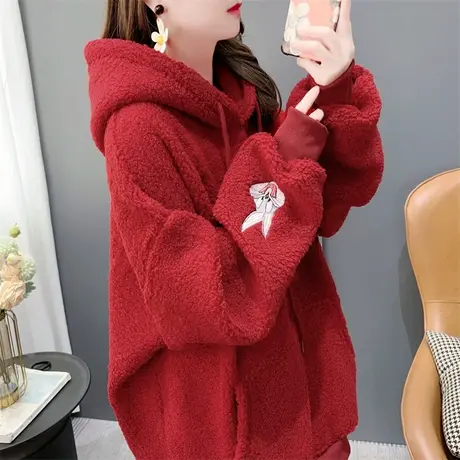 新年红色加绒刺绣羊羔毛卫衣外套女秋冬2023年新款宽松设计感上衣图片