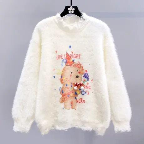 日系甜美卡通小狗圣诞风水貂绒毛衣女冬季2023新款宽松加厚针织衫商品大图