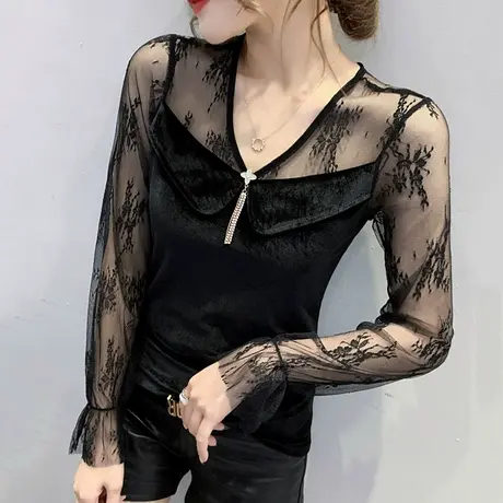 2024春秋新款性感V领T恤女长袖蕾丝拼接上衣洋气质百搭显瘦小衫潮图片