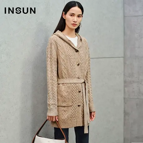 INSUN恩裳线上专选秋季金银丝肌理连帽羊毛毛针织衫图片