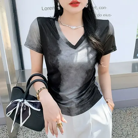 性感V领网纱短袖T恤女欧货气质扎染印花上衣别致修身显瘦小衫半袖图片