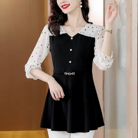 漂亮雪纺衬衫女秋季2023年新款中长款宽松显瘦遮肚子长袖接拼衬衣商品大图