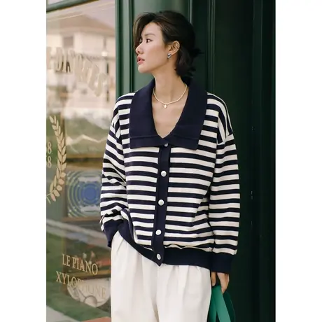 弥古小香风条纹针织衫上衣女春秋宽松慵懒法式毛衣外套开衫高级感图片