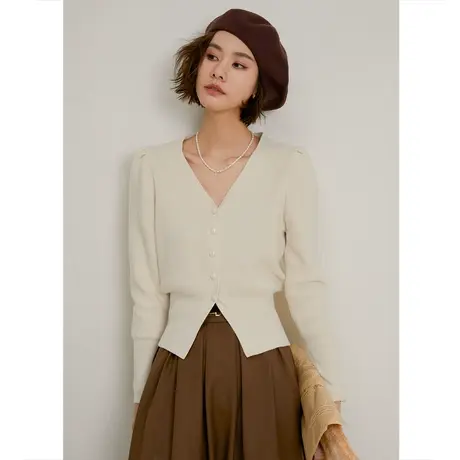 弥古v领收腰针织毛衣女春秋法式泡泡袖上衣秋冬安可拉红外套开衫商品大图