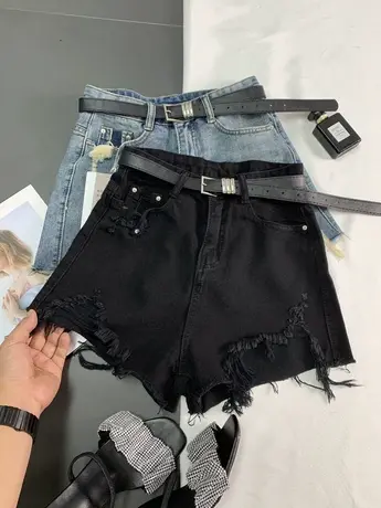 辣妹破洞高腰牛仔短裤女2023夏季新款高腰显瘦毛边a字裤辣妹短裤商品大图