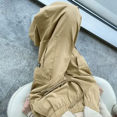 美式卡其色工装裤女春秋款高腰显瘦抽绳束脚登山裤休闲阔腿运动裤商品大图