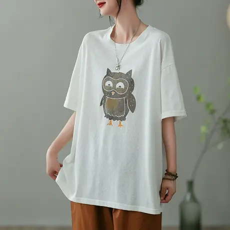 dza文艺复古纯棉短袖T恤女2023夏季薄款打底体恤宽松显瘦套头上衣商品大图