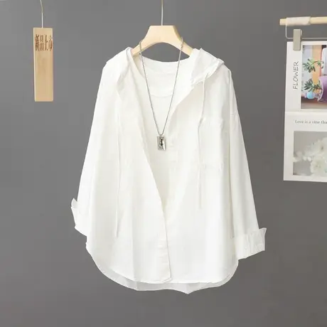 连帽衬衫外套女中长款宽松大码春秋新款休闲衬衣开衫白色纯棉上衣商品大图