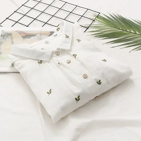 春夏季新款双层棉纱七分袖衬衫女韩版小清新印花纯棉柔软中袖上衣商品大图