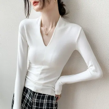 时尚v领设计感小众上衣女纯色修身打底衫减龄显瘦百搭洋气长袖T恤图片