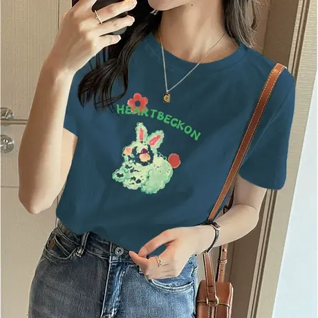 纯棉圆领短袖兔年t恤女2023年新款宽松小众不撞款上衣体恤打底衫图片