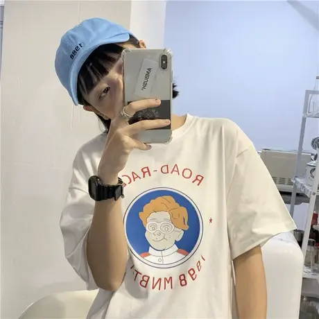 2023新款韩版夏装宽松ins潮ulzzang原宿风卡通纯棉短袖T恤女上衣图片