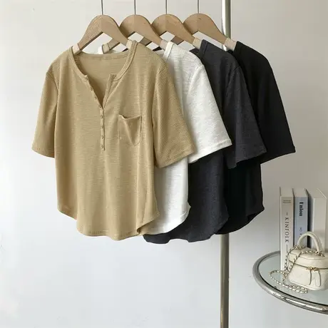 竹节棉短袖T恤女美式高腰短款宽松休闲纯色纽扣设计门襟衫上衣女商品大图