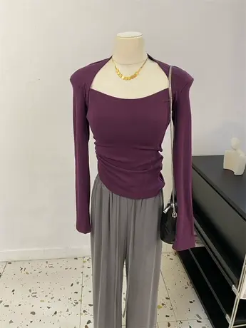 早秋新款复古氛围感梯形领长袖紧身T恤女显身材大领口打底针织衫图片