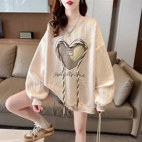 设计感小众卫衣女春秋韩版宽松大码中长款薄款华夫格提花上衣外套图片