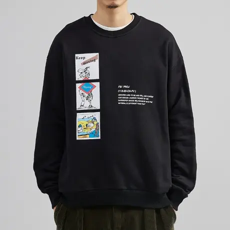 卡通印花黑色圆领休闲卫衣男2022秋季新款潮微宽松长袖韩版打底衫商品大图