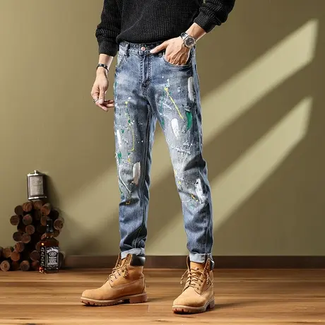 美式高街牛仔裤百搭高档牛仔裤男士时尚百搭修身小脚潮流牛仔裤图片