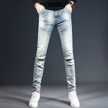 欧美高端牛仔裤男2023秋冬新款复古浅蓝色修身小脚弹力休闲裤子男商品大图