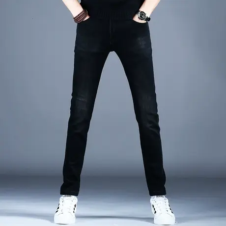 新款男士秋冬款牛仔裤男款黑色小脚修身印花潮流裤子弹力百搭大牌商品大图