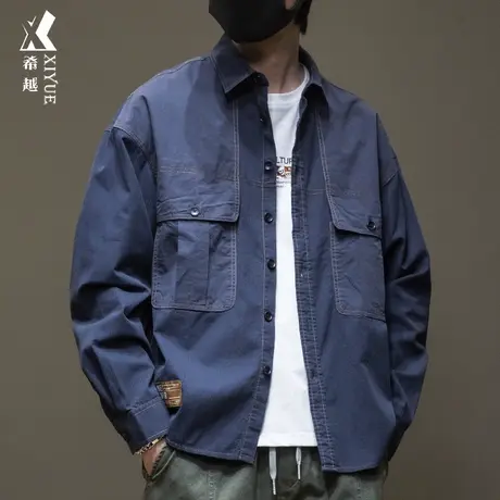 希越秋冬工装衬衫男款大码日系简约休闲上衣男士纯棉长袖衬衣外套商品大图