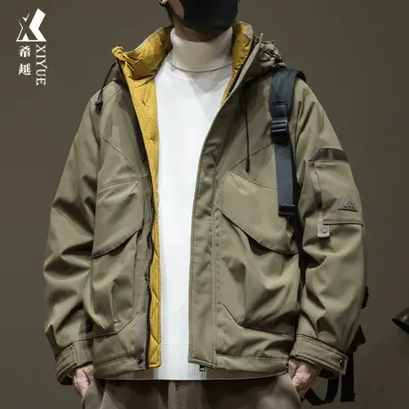 希越户外防风棉衣男士宽松大码痞帅工装风外套秋冬新款连帽冲锋衣商品大图