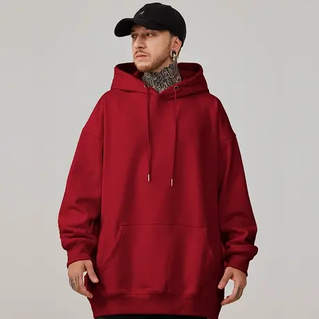 2025过新年帽衫加绒纯色宽松加绒酒红色连帽卫衣男大码男装打底衫图片