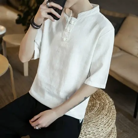 中国风短袖t恤男装中式盘扣宽松休闲上衣大码小立领半截袖衣服图片