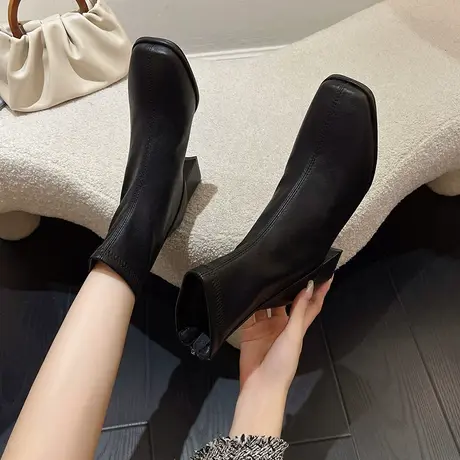 粗跟短靴女2023年新款秋冬季爆款高跟马丁靴气质炸街显瘦法式女靴商品大图