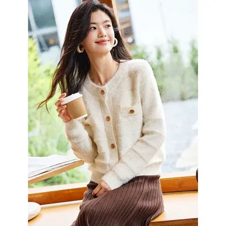 时尚气质毛衣开衫2023年秋季新款淑女温柔圆领显瘦通勤长袖上衣商品大图