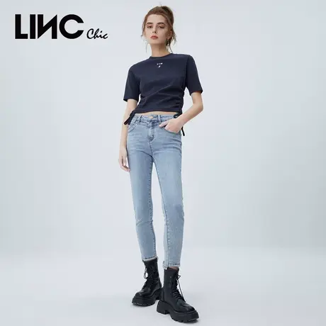 LINCCHIC金羽杰裤子经典弹力修身小脚裤黑色牛仔裤女S221JE329商品大图