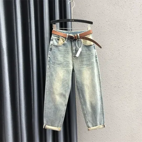 浅色复古萝卜牛仔裤女2023秋冬新款撞色口袋设计感高腰显瘦哈伦裤图片