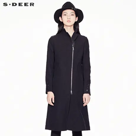 sdeer圣迪奥春装复古肌理斜襟两穿立领及膝风衣长外套女S17381830🖱图片