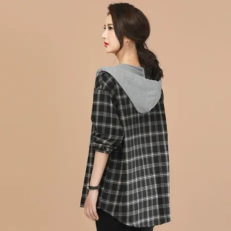 韩潮袭人连帽中长款衬衫外套女2024春新款宽松格子长袖衬衣薄款商品大图